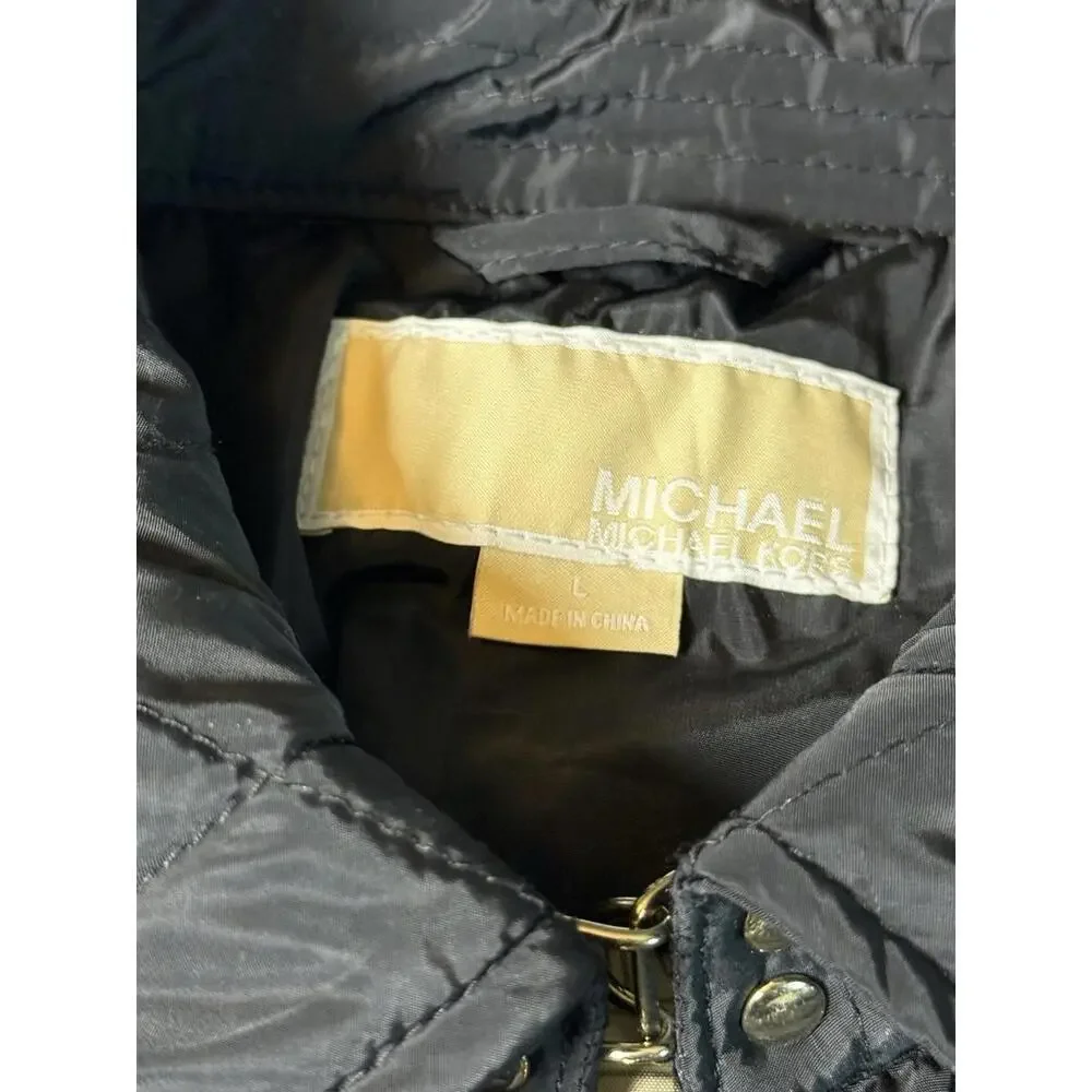 Michael Kors Women's Black Quilted Belted Jacket Size L Gold Zip‎ Moto Coat
